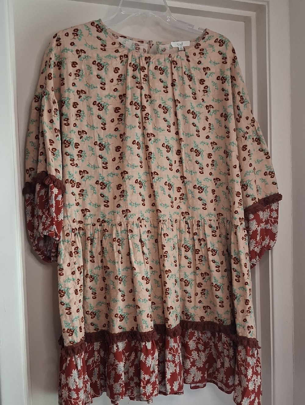 easel Beige Floral Mini Dress with Rust Trim